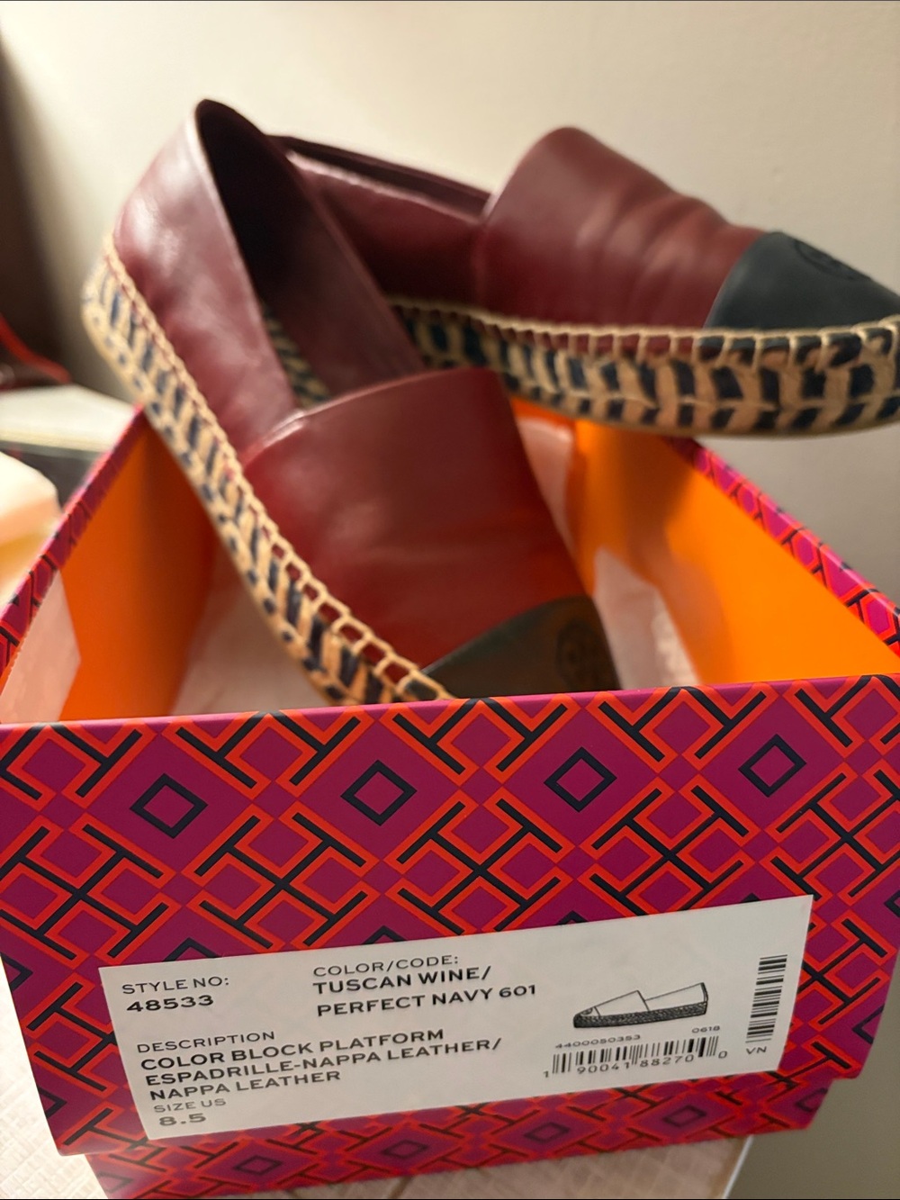 Tory Burch Tuscan Wine & Navy Color-Block Espadrille Platform Loafers